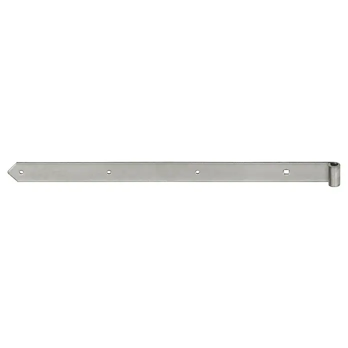 Stabilit Ladenband - B x H: 500 x 40 mm, Stärke: 4 mm, Edelstahl - Das Bild zeigt ein stabiles, gerades Türband aus Metall mit Befestigungslöchern und einem Scharnier am Ende. Perfekt für robuste Türen!