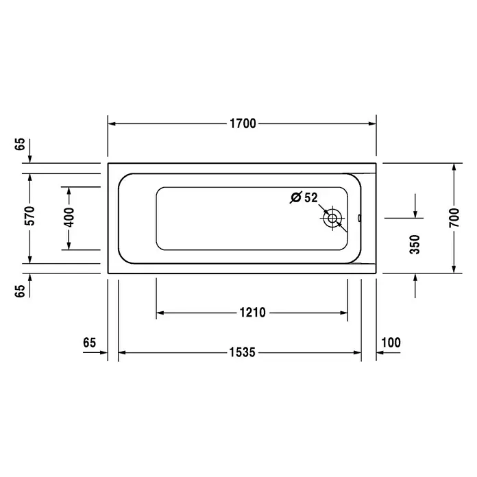 Duravit D-Code Badewanne - 170 x 70 cm, Sanitäracryl, Weiß, Position Ablauföffnung: Fußende - Technische Zeichnung einer Badewanne mit Bemaßungen für Installation und Planung.