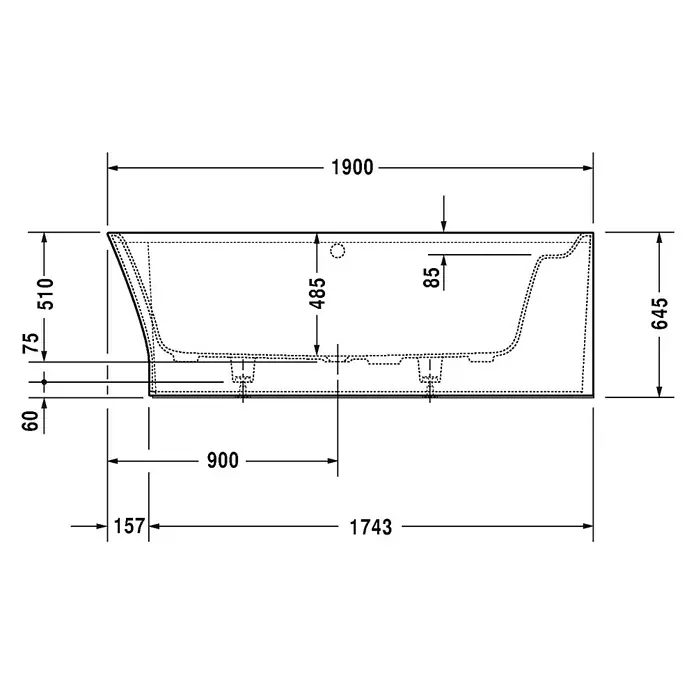 Duravit Cape Cod Badewanne - 190 x 90 cm, Mineralguss, Weiß, Rechts - Technische Zeichnung einer Badewanne mit detaillierten Maßangaben für Installation und Design.