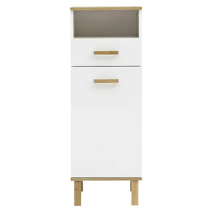 Schildmeyer Padua Highboard - 40 x 35 x 115 cm, Weiß/Eiche - Dieses Möbelstück verfügt über eine weiße Kommode mit hellem Holzsockel und zwei Schubladen mit passenden Griffen. Oben befindet sich ein offenes Fach.