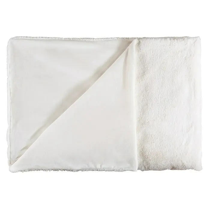 Decke HappyElfenbein, 200 x 150 cm, 100 % Polyester - Weiche, weiße Kuscheldecke, teilweise gefaltet, um die glatte Unterseite zu zeigen. Ideal für gemütliche Stunden zu Hause!