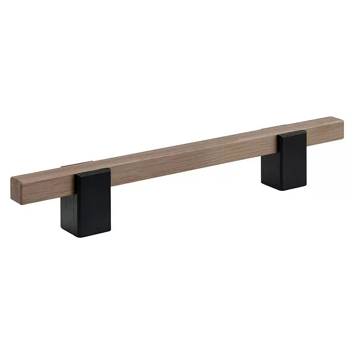 Walteco Möbelgriff Lorca - Lochabstand: 128 mm, Holz, Holz-Optik - Heller Eichenholzgriff mit schwarzen rechteckigen Halterungen für Schränke.
