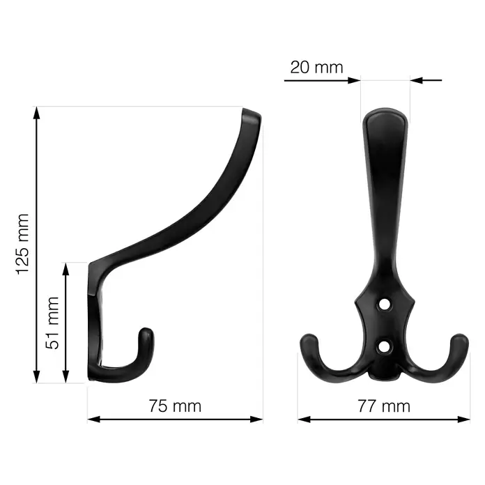 Walteco Garderobenhaken Romana I - L x B x H: 125 x 77 x 75 mm, Anzahl Haken: 3 Stk., Mattschwarz - Zwei schwarze Garderobenhaken mit Maßen: ein Einzelhaken (125x75mm) und ein Dreifachhaken (77mm breit).