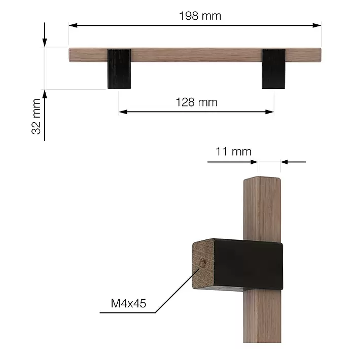 Walteco Möbelgriff Lorca - Lochabstand: 128 mm, Holz, Holz-Optik - Heller Holzgriff mit schwarzen Halterungen. Gesamtlänge 198mm, Lochabstand 128mm, für M4x45 Schrauben.