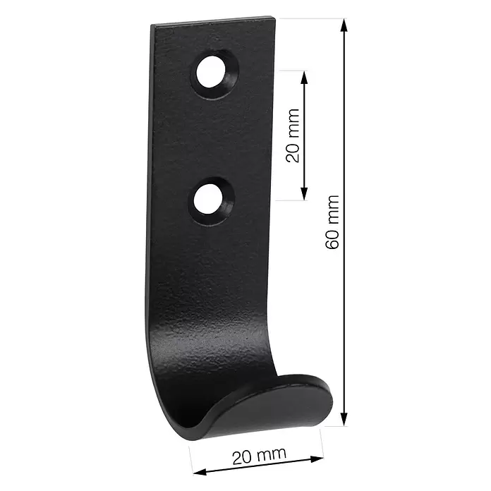 Walteco Garderobenhaken A1 - L x B x H: 60 x 20,2 x 30,5 mm, Anzahl Haken: 1 Stk., Schwarz - Schwarzer Metall-Wandhaken mit zwei Befestigungslöchern. Gesamthöhe 60mm, Ausladung 20mm.