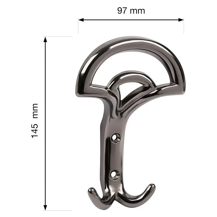 Walteco Garderobenhaken Bolero - L x B x H: 145 x 97 x 52 mm, Anzahl Haken: 2 Stk., Vernickelt Schwarz - Abbildung eines Kleiderhakens aus Metall mit den Maßen 97 mm Breite und 145 mm Höhe.