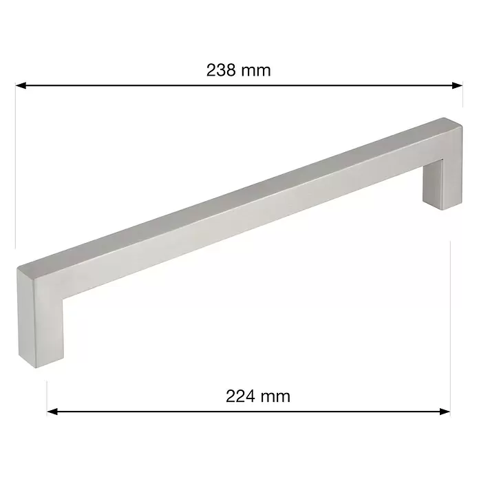 Walteco Möbelgriff Tina - Lochabstand: 224 mm, Stahl rostfrei, Edelstahl-Optik - Gebürsteter Metall-Möbelgriff mit quadratischem Profil. Gesamtlänge 238mm, Lochabstand 224mm.