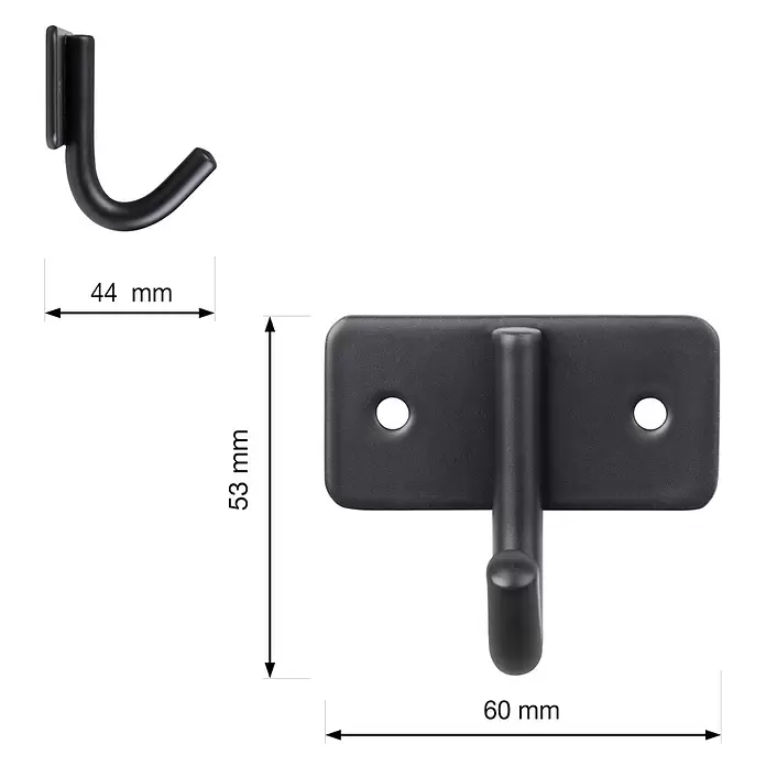 Walteco Garderobenhaken - L x B x H: 53 x 60 x 44 mm, Anzahl Haken: 1 Stk., Mattschwarz - Schwarzer Metall-Wandhaken, in Vorder- und Seitenansicht dargestellt.