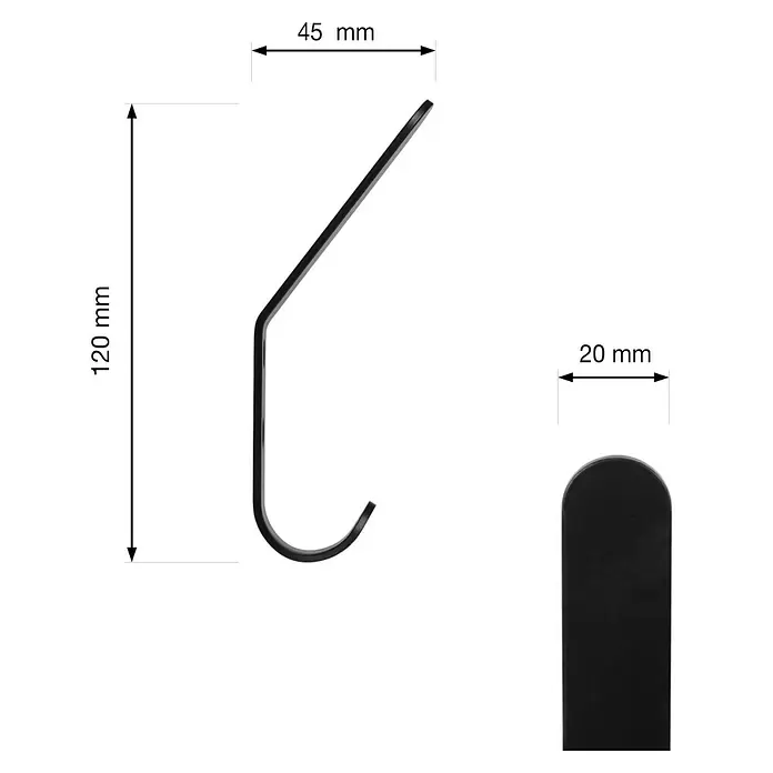 Walteco Garderobenhaken A2 - L x B x H: 119 x 20,2 x 45 mm, Anzahl Haken: 2 Stk., Schwarz - Schwarzer Metallhaken, 120mm hoch, 45mm tief, 20mm breit.