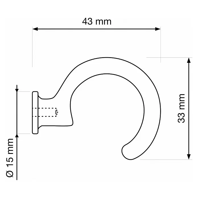 Walteco Garderobenhaken Brent - Ø x L: 15 x 33 mm, Breite: 43 mm, Anzahl Haken: 1 Stk., Verchromt matt - Technische Zeichnung eines gebogenen Hakens, Ø 15 mm Basis, 43 mm Gesamtlänge, 33 mm Höhe.