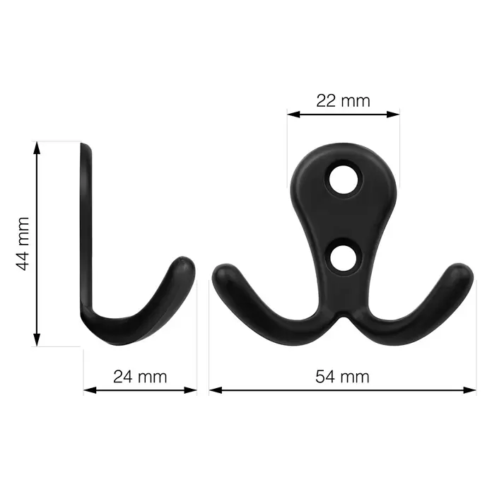 Walteco Garderobenhaken Romero II A - L x B x H: 44 x 54 x 24 mm, Anzahl Haken: 2 Stk., Mattschwarz - Schwarze Einzel- und Doppel-Kleiderhaken mit Maßen abgebildet.