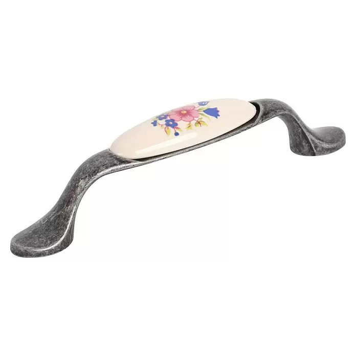 Walteco Möbelgriff - Lochabstand: 96 mm, Porzellan, Silber - Verzierter Möbelgriff aus patiniertem dunklem Metall mit cremefarbener Keramik-Einlage und rosa-blauem Blumenmuster.