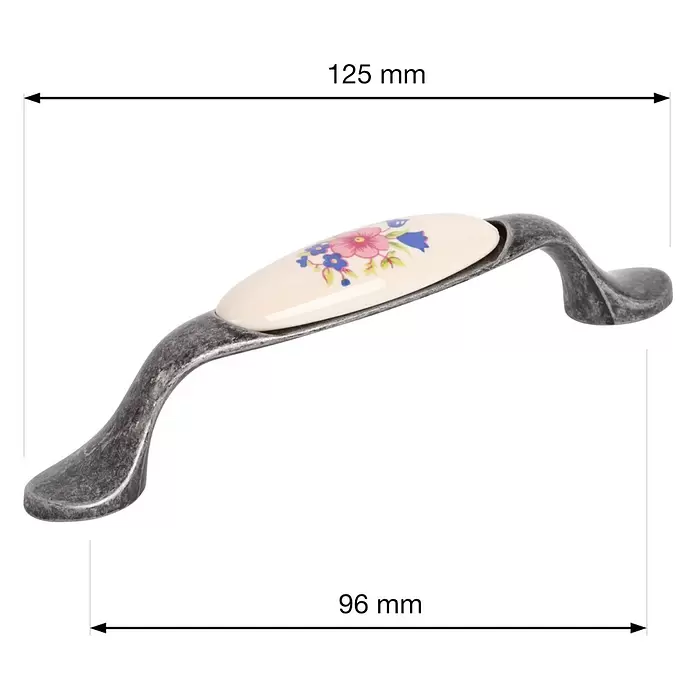 Walteco Möbelgriff - Lochabstand: 96 mm, Porzellan, Silber - Antik-Finish Metallgriff mit floralem Keramikeinsatz, 125mm lang, 96mm Lochabstand.