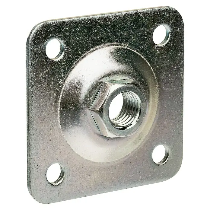 Polbram Universalschelle - L x B: 8 x 8 cm - Metallplatte mit zentraler Mutter und vier Befestigungslöchern, ideal für Möbelrollen und Befestigungen.