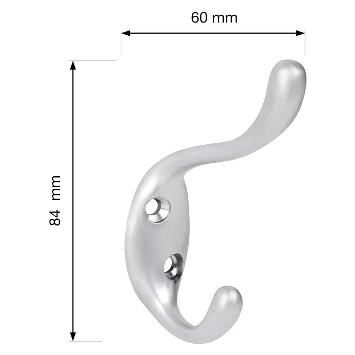 Walteco Garderobenhaken Sentini - L x B x H: 84 x 20 x 60 mm, Anzahl Haken: 2 Stk., Verchromt matt - Doppel-Garderobenhaken aus gebürstetem Metall mit Befestigungslöchern, 60 mm breit und 84 mm hoch.