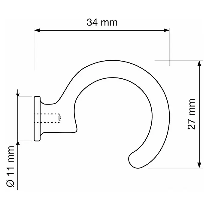 Walteco Garderobenhaken Brent - Ø x L: 11 x 27 mm, Breite: 34 mm, Anzahl Haken: 1 Stk., Vernickelt Schwarz - Technische Zeichnung eines Hakens mit Maßen: 34 mm Breite, 27 mm Höhe, 11 mm Basisdurchmesser.