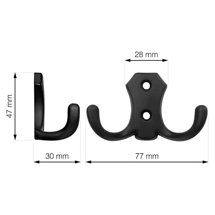 Walteco Garderobenhaken Romana II - L x B x H: 77 x 47 x 30 mm, Anzahl Haken: 2 Stk., Mattschwarz - Schwarzer doppelter Kleiderhaken mit Maßen.