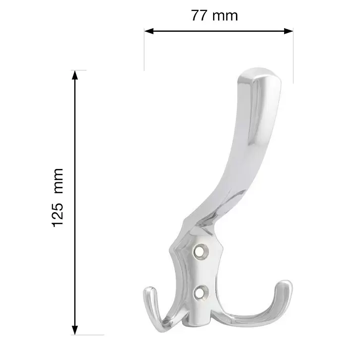 Walteco Garderobenhaken Romana I - L x B x H: 125 x 77 x 75 mm, Anzahl Haken: 3 Stk., Verchromt - Polierter Chrom-Doppelhaken mit zwei Befestigungslöchern, 125 mm hoch und 77 mm breit.