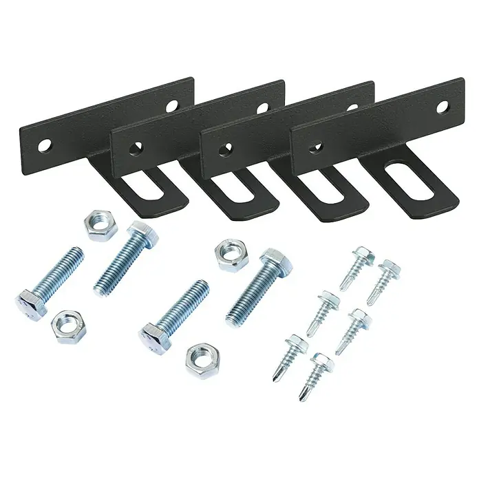 Polbram Zaunverbinder T - Gesamtstückzahl: 4 Stk. - Produkt-Set mit vier schwarzen Halterungen, Schrauben und Muttern für diverse Befestigungszwecke. Ideal für Heimwerker und Profis.