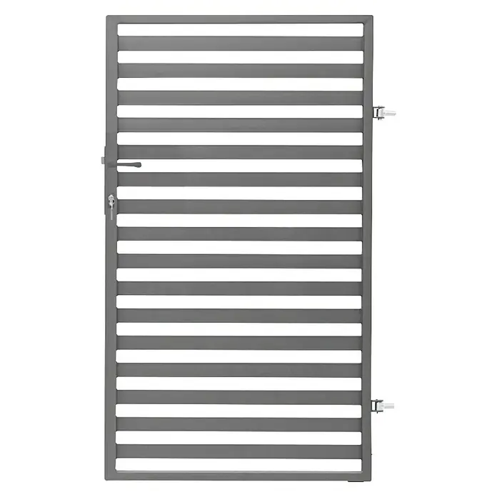 Polbram Kate Gartentor - L x B x H: 90 x 3 x 120 cm, Anthrazit, Stahl, Einzeltor - Nahaufnahme eines modernen, grauen Metallzauns mit horizontalen Lamellen, der Sicherheit und stilvolles Design vereint.