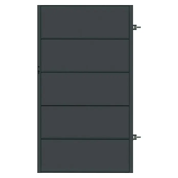 Polbram Theo Gartentor - L x B x H: 90 x 3 x 120 cm, Anthrazit, Stahl, Türanschlag rechts, Einzeltor - Ein modernes, graues Garagentor mit horizontalen Paneelen und einem einfachen, eleganten Design. Die klaren Linien sorgen für einen zeitgemäßen Look.