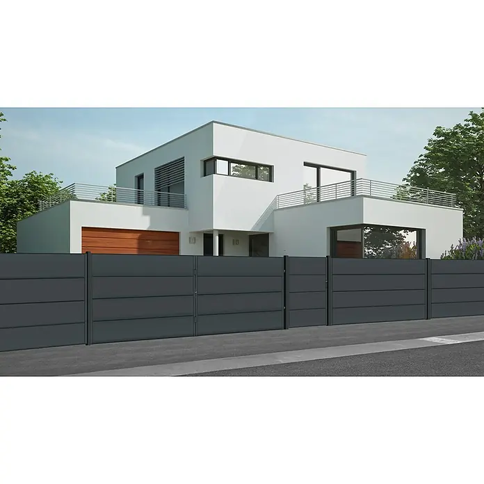 Polbram Theo Gartentor - L x B x H: 90 x 3 x 120 cm, Anthrazit, Stahl, Türanschlag links, Einzeltor - Moderne Hausansicht mit stilvollem grauen Zaun, der Privatsphäre und Sicherheit bietet. Das schlichte Design des Zauns ergänzt die Architektur des Hauses.