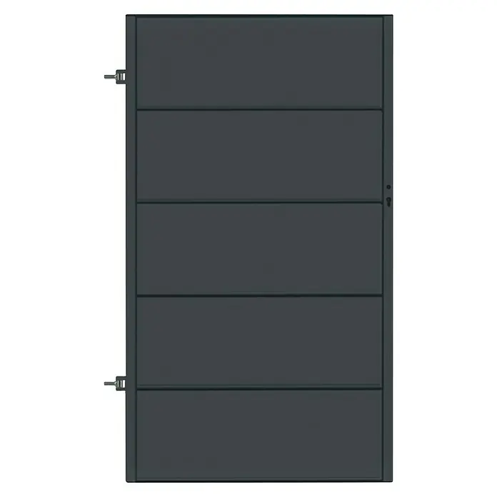 Polbram Theo Gartentor - L x B x H: 90 x 3 x 120 cm, Anthrazit, Stahl, Türanschlag links, Einzeltor - Das Bild zeigt ein graues Garagentor mit horizontalen Paneelen und Beschlägen an den Seiten. Das Garagentor ist schlicht und modern gestaltet.