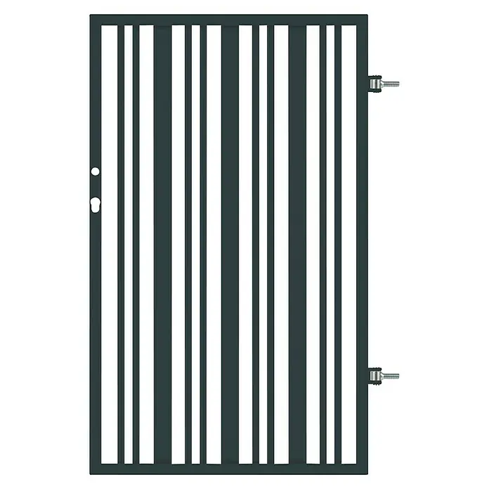 Polbram Daniela Gartentor - L x B x H: 90 x 3 x 120 cm, Anthrazit, Stahl, Einzeltor - Abbildung eines grauen Gartentors mit vertikalen Streben und Scharnieren. Es ist ein robustes und sicheres Tor für jeden Garten.