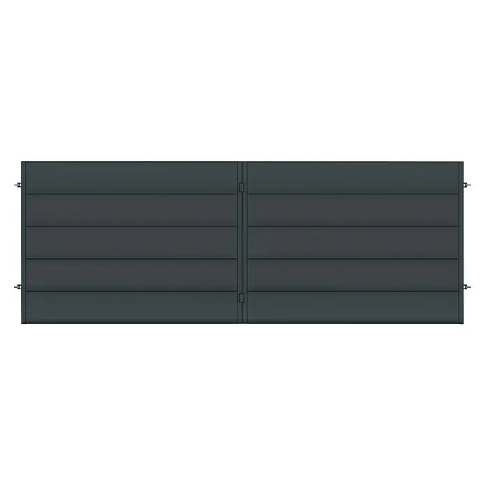 Polbram Theo Gartentor - 4 x 120 cm, Anthrazit, Stahl, Türanschlag beidseitig - Abgebildetes Produkt: Ein modernes, anthrazitfarbenes Doppeltor mit horizontalen Lamellen und seitlichen Befestigungen für den Außenbereich.