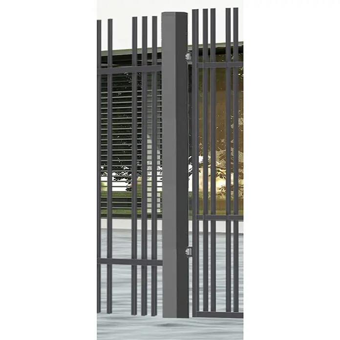 Polbram Zaunpfosten - L x B x H: 7 x 7 x 180 cm, Anthrazit, Stahl, Mit Nietkappe - Metallzaun-Nahaufnahme: Blick auf die Details eines modernen Metallzauns, der Sicherheit und Stil für jedes Grundstück bietet.