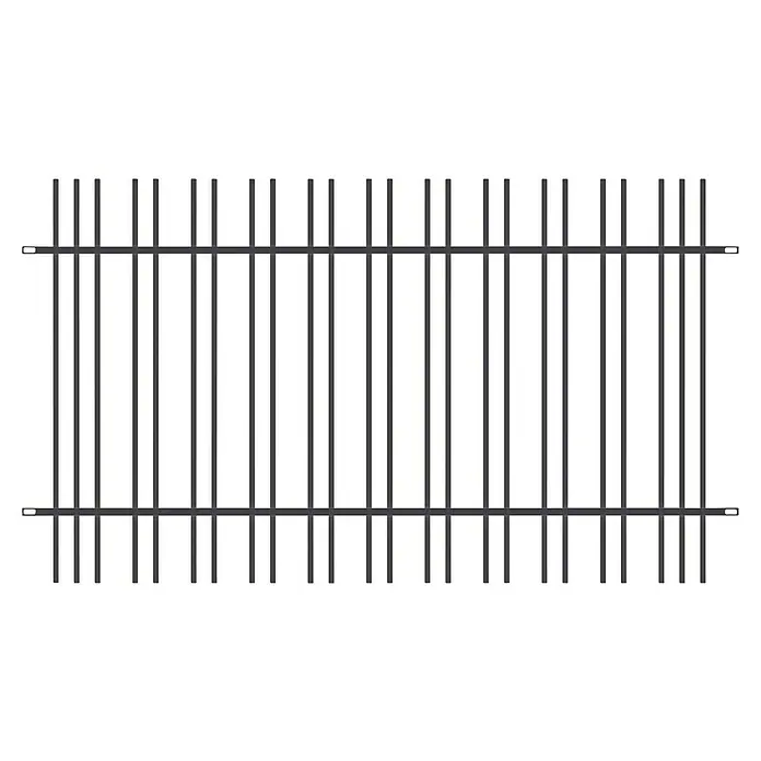 Polbram Grace Zaunelement - L x B x H: 200 x 3 x 120 cm, Stahl, Anthrazit - Nahaufnahme eines grauen Metallzauns mit vertikalen Stäben und horizontalen Streben, isoliert auf schwarzem Hintergrund.