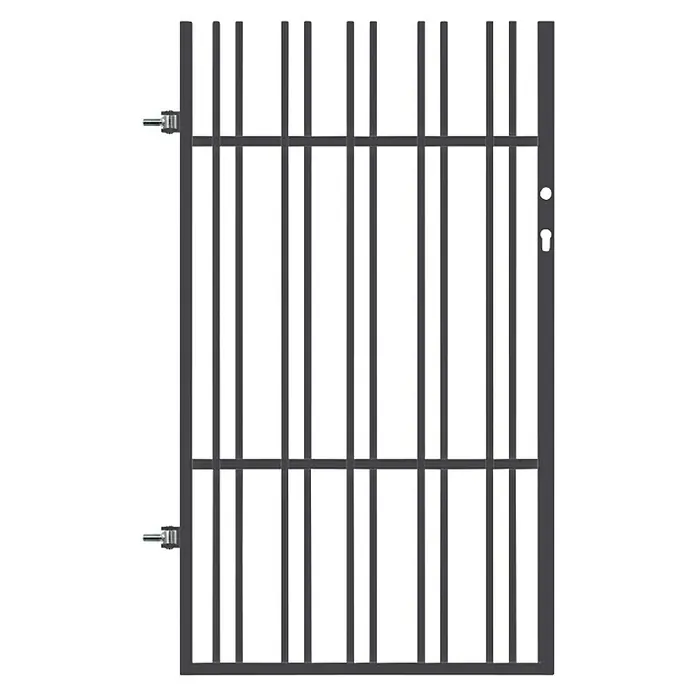 Polbram Grace Gartentor - L x B x H: 90 x 3 x 120 cm, Anthrazit, Stahl, Einzeltor, Türanschlag links - Ein graues Metalltor mit vertikalen Stäben und horizontalen Verstrebungen, ideal für den Sicherheitsbereich. Das robuste Tor bietet Schutz.