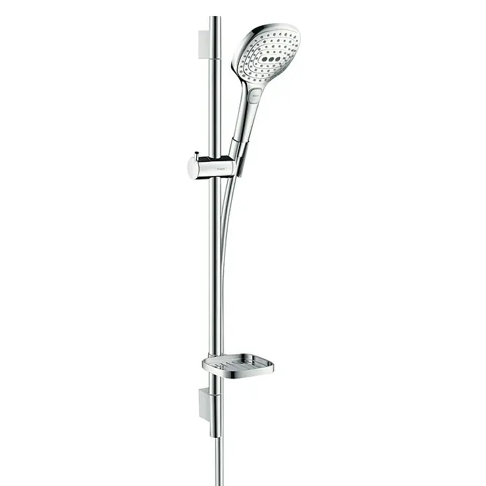 Hansgrohe Brausegarnitur Raindance Select E 120 - Lochabstand: 62,5 cm, Art Strahl: Rain, RainAir, Whirl, Chrom - Detaillierte Ansicht einer verchromten Duschstange mit Handbrause, Ablage und Halterung, ideal für moderne Badezimmerdesigns.