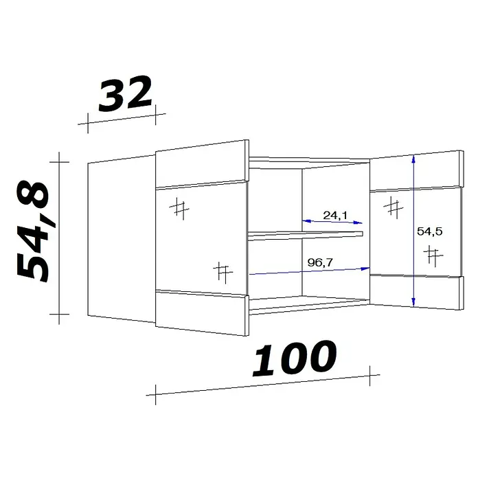 Flex-Well Turin Glas-Hängeschrank - 32 x 100 x 54,8 cm, Anthrazit Miniperl - Technische Zeichnung eines zweitürigen Wandschranks mit Einlegeböden und Maßen: Breite 100, Höhe 54,8, Tiefe 32.