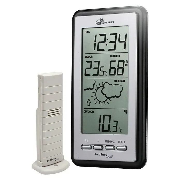 Mobile-Alerts Funkwetterstation MA10430 - Digitale Messanzeige, Silber, 2,3 x 8,4 x 15 cm - Wetterstation mit digitaler Anzeige von Zeit, Innen- und Außentemperatur, Luftfeuchtigkeit und Wettervorhersage für ein umfassendes Klima-Monitoring.