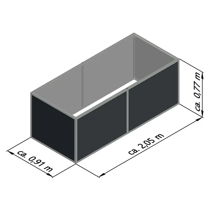 KGT Hochbeet Aluminium - 205 x 91 x 77 cm, Aluminium, Anthrazit/Weiß - Abbildung eines rechteckigen Ausstellungsstandes mit grauen Rahmen und schwarzen Paneelen, Maße sind angegeben.