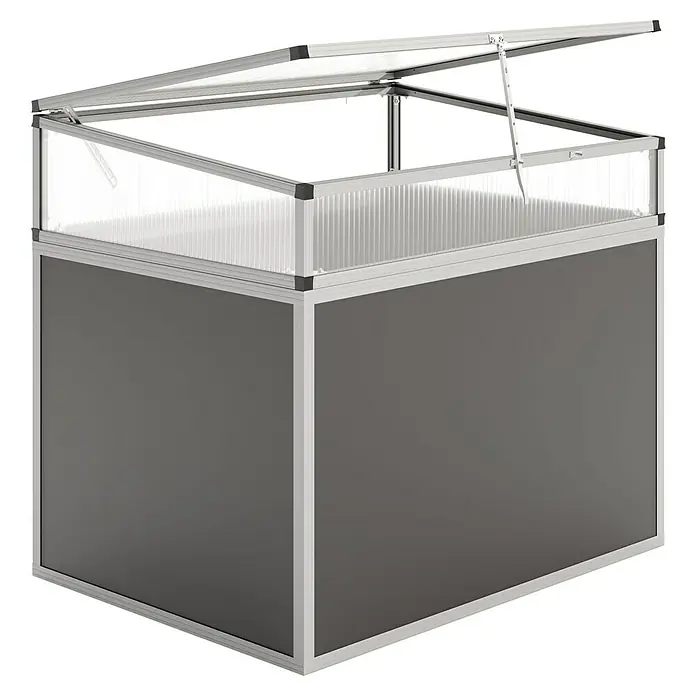 KGT Hochbeet 130 - 121 x 91 x 77 cm, Aluminium, Anthrazit/Weiß - Ein geräumiger Frühbeetkasten mit grauem Unterbau und transparentem Deckel, ideal für den Garten. Schützt junge Pflanzen vor Kälte und Schädlingen.