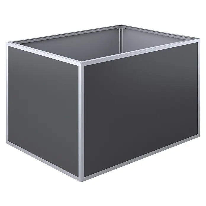 KGT Hochbeet 130 - 121 x 91 x 77 cm, Aluminium, Anthrazit/Weiß - Produktabbildung eines modernen Messestandes in Grau mit silberfarbenen Rahmen, ideal für Präsentationen und Ausstellungen.