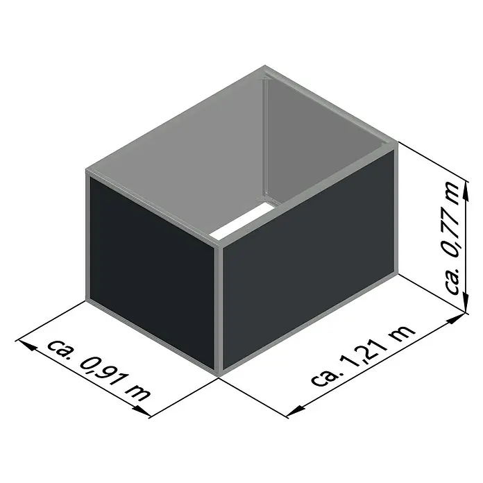 KGT Hochbeet 130 - 121 x 91 x 77 cm, Aluminium, Anthrazit/Weiß - Darstellung eines Containers mit den Maßen ca. 0,91 m x 1,21 m x 0,77 m. Geeignet für Lagerung und Transport.