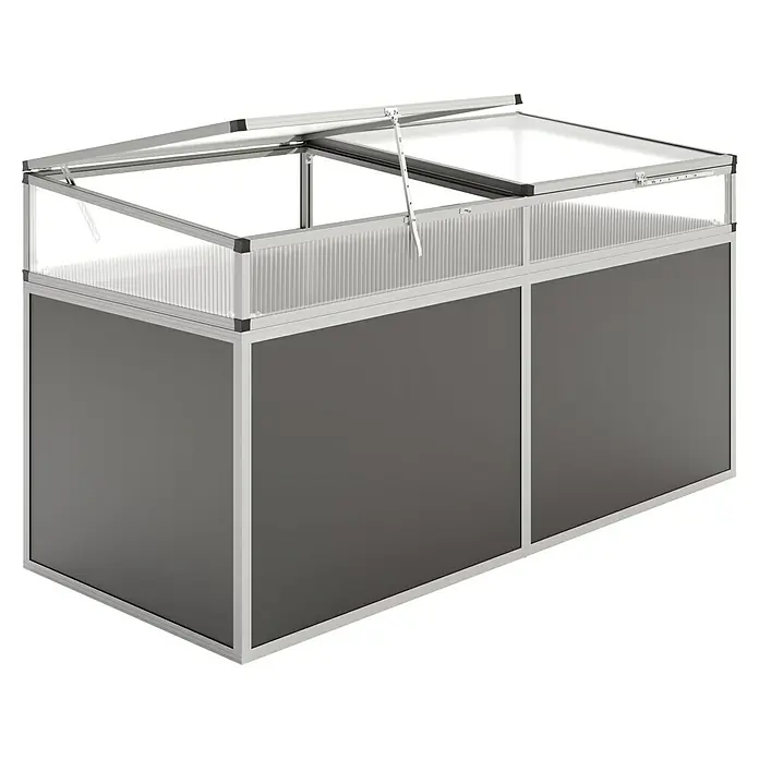 KGT Hochbeet Aluminium - 205 x 91 x 77 cm, Aluminium, Anthrazit/Weiß - Ein Gewächshausbeet mit stabilen Aluminiumrahmen und grauen Paneelen bietet optimale Bedingungen für Pflanzenwachstum.