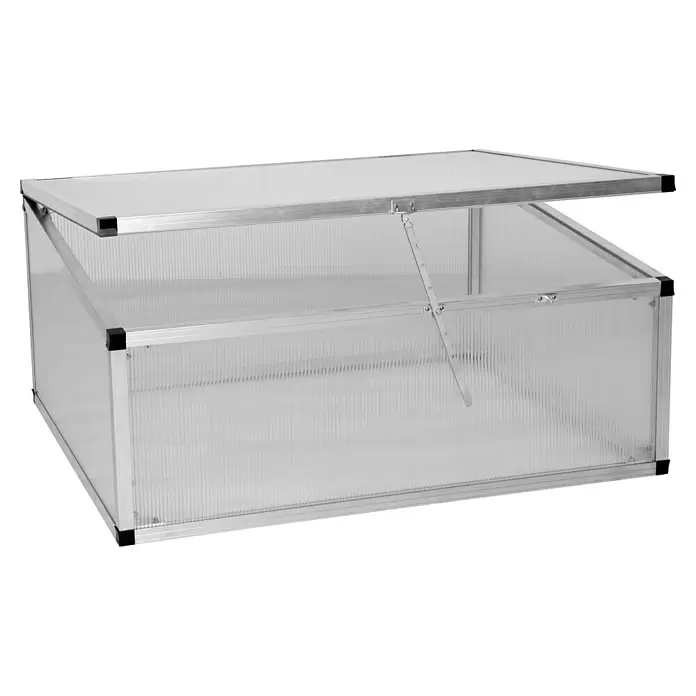 KGT Frühbeet 100 - Kunststoff, Silber, L x B x H: 103 x 91 x 46 cm - Silbernes Aluminium-Frühbeet mit transparenten Paneelen und geöffnetem Klappdeckel zur Belüftung.