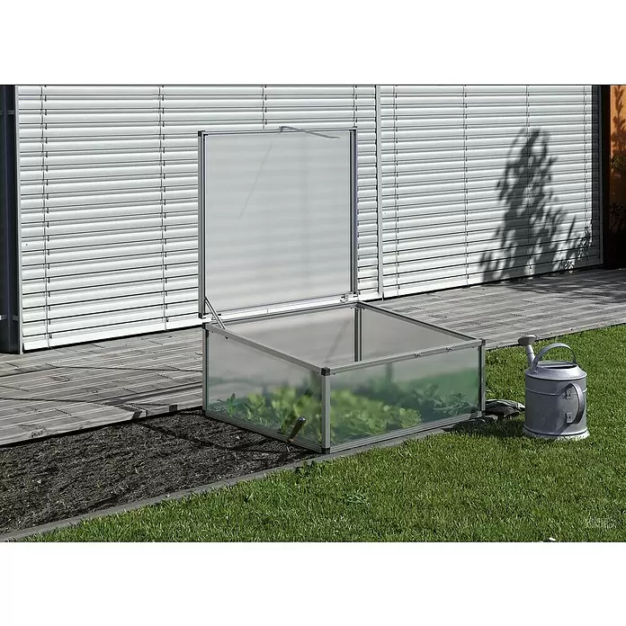 KGT Frühbeet 100 - Kunststoff, Silber, L x B x H: 103 x 91 x 46 cm - Alu-Frühbeet mit transluzenten Platten, Deckel offen, für den Pflanzenschutz im Garten.