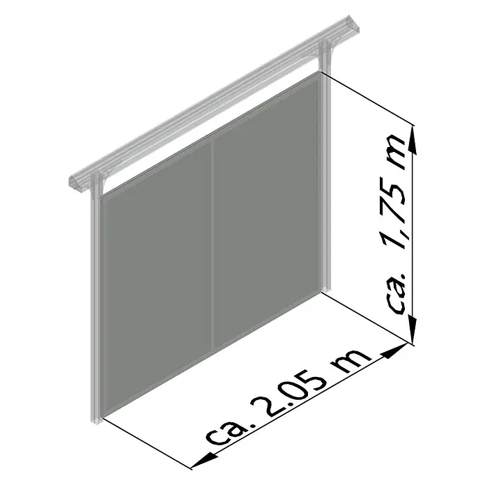 KGT Seitenelement Elbe - 2,05 x 1,75 m, Silber, Passend für: KGT Carport Elbe - Abbildung eines Sichtschutzzauns mit Maßangaben. Der Zaun besteht aus zwei grauen Paneelen und hat eine Höhe von ca. 1,75 m und eine Breite von ca. 2,05 m.