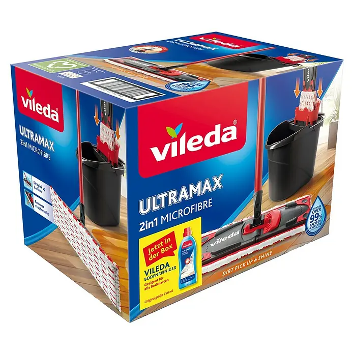Vileda Ultramax Reinigungssystem & Eimer 2in1 Box Plus Reiniger - Sonstiges - Karton mit Vileda Ultramax 2in1 Microfibre Wischmop-System mit Eimer und Reinigungsflüssigkeit, für effektive und hygienische Bodenreinigung.