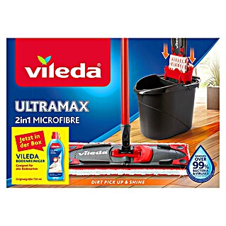 Vileda Ultramax Reinigungssystem & Eimer 2in1 Box Plus Reiniger (1 x Ultramax Eimer mit Auswringer, 1 x Ultramax Stiel, 1 x Mikrofaserbezug, 1 x Vileda Bodenreiniger (750 ml))