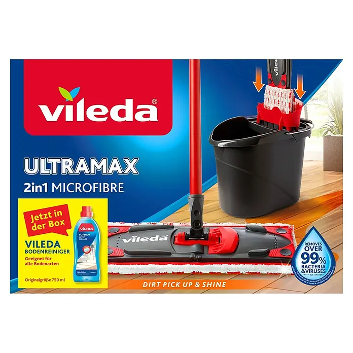 Vileda Ultramax Reinigungssystem & Eimer 2in1 Box Plus Reiniger - 1 x Ultramax Eimer mit Auswringer, 1 x Ultramax Stiel, 1 x Mikrofaserbezug, 1 x Vileda Bodenreiniger (750 ml) - Bild einer Vileda Ultramax 2in1 Mikrofaser-Wischmop mit Eimer und Reinigungsflüssigkeit, die über 99 % der Bakterien und Viren entfernt.