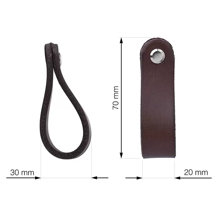 Walteco Möbelknopf Tolga - B x H: 20 x 70 mm, Leder, Dunkelbraun - Brauner Ledergriffschlaufe mit silberner Niete, 70x20mm; Schlaufenbreite 30mm.