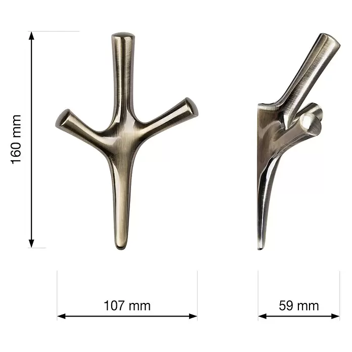 Walteco Garderobenhaken Amioso I - L x B x H: 107 x 59 x 160 mm, Anzahl Haken: 3 Stk., Bronze - Dreifacher Wandhaken aus Antikmessing, Maße 160x107x59 mm.