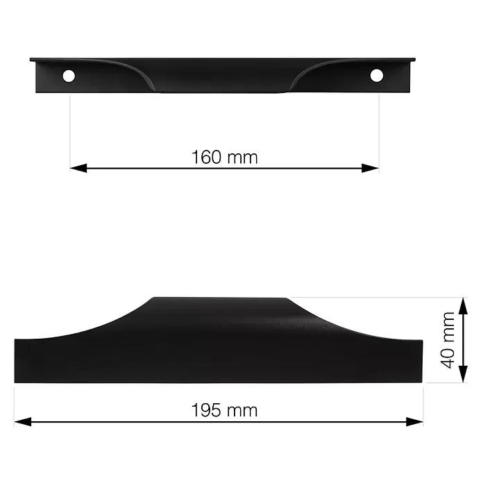 Walteco Möbelgriff Todi - Lochabstand: 160 mm, Aluminium, Schwarz matt - Schwarzer Griff mit 160 mm Lochabstand und 195 mm Gesamtlänge, 40 mm Höhe.