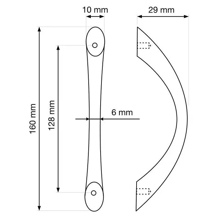 Walteco Möbelgriff Gitka - Lochabstand: 128 mm, Sonstige, Verchromt matt - Technische Zeichnung eines Möbelgriffs, 160mm Gesamtlänge, 128mm Lochabstand, 29mm Tiefe.
